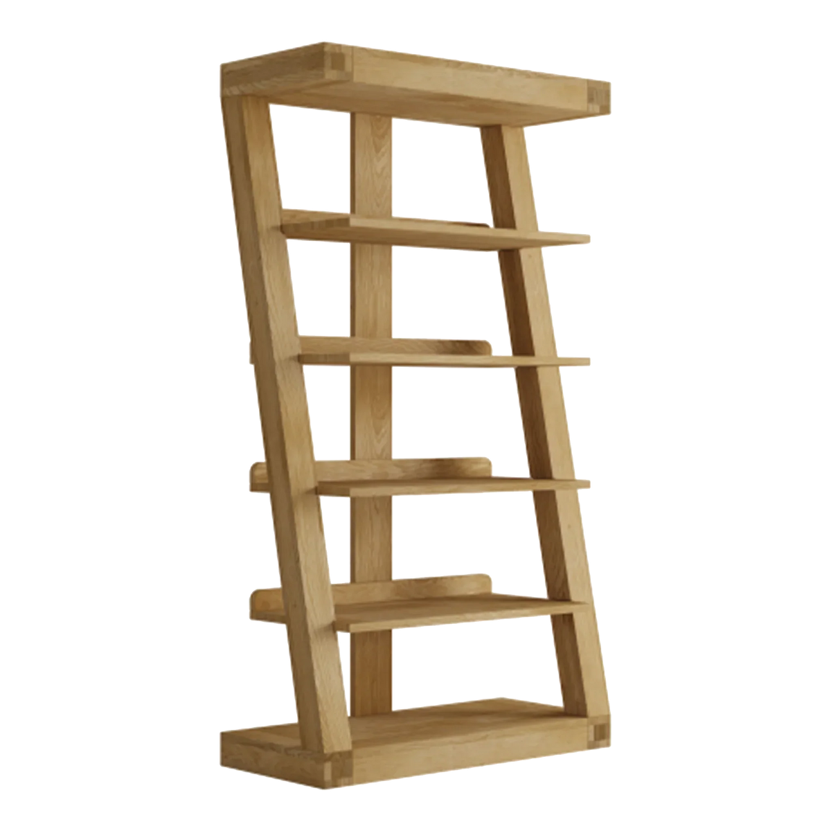 Oak wood bookshelf with five angled shelves and open back, front angled view