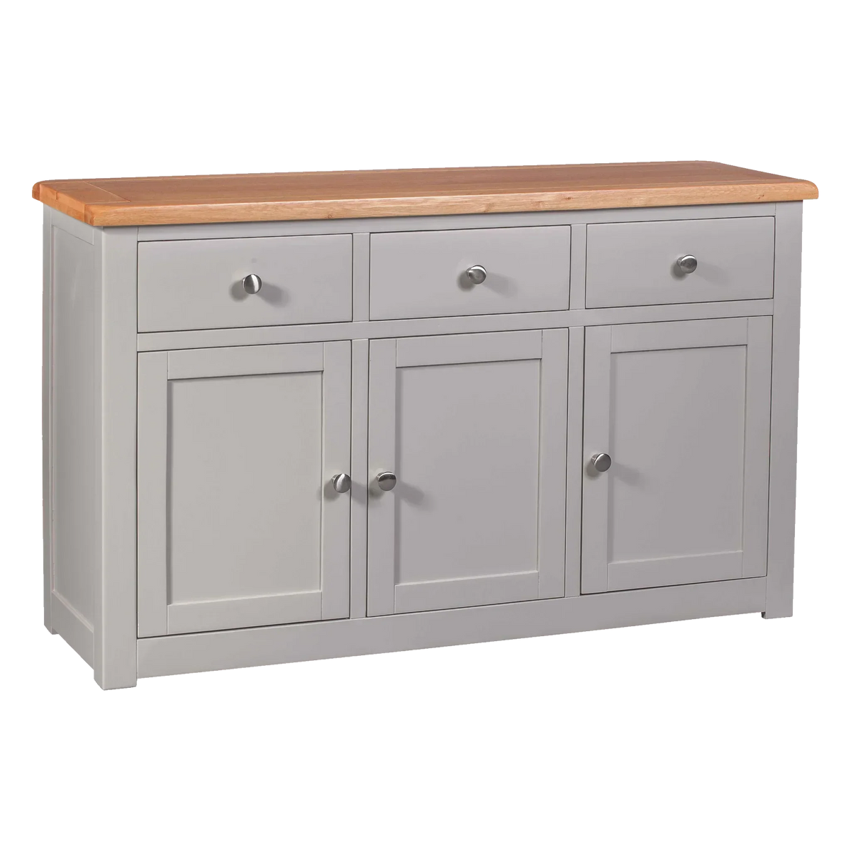 Grey sideboard with oak top, three drawers and three doors, brushed metal handles