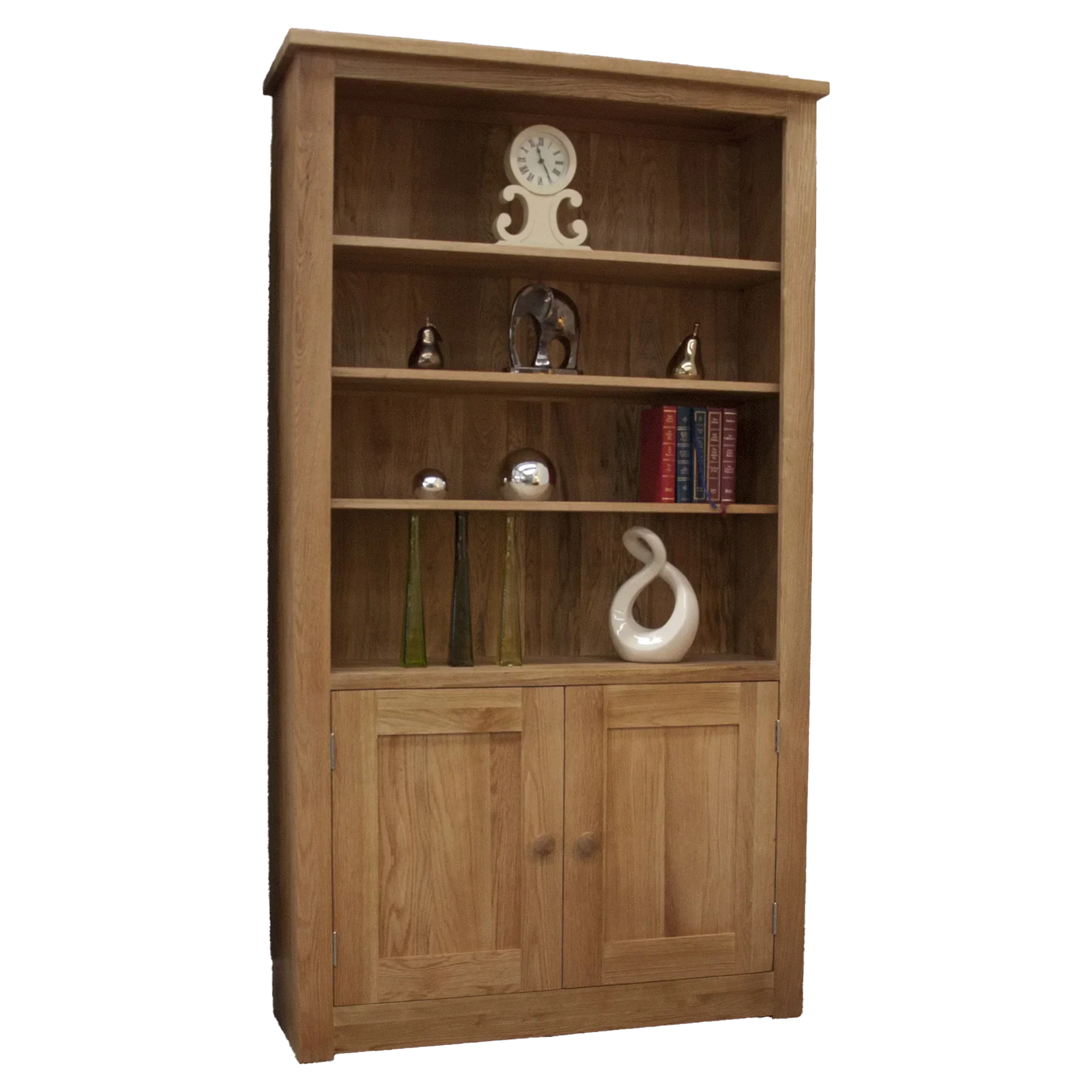 Oak bookcase with three shelves, lower cabinet doors, and decorative items displayed