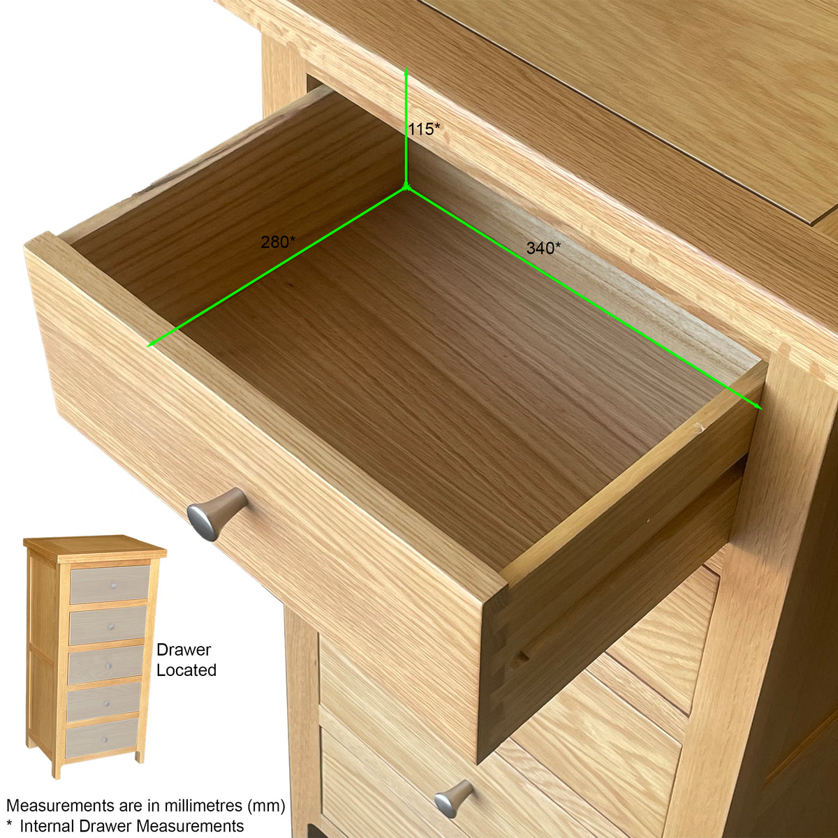 Oak chest of drawers with open drawer showing internal dimensions in millimetres