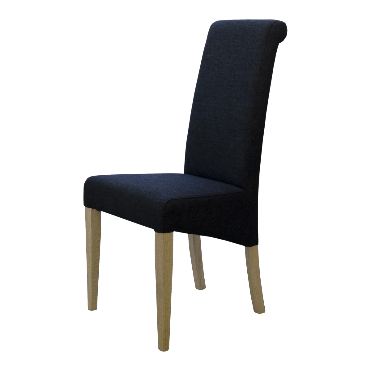 Black upholstered dining chair with high back and light wood legs