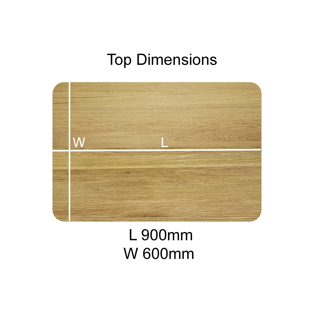 Oak-effect rectangular table top with 900mm length and 600mm width labeled from above