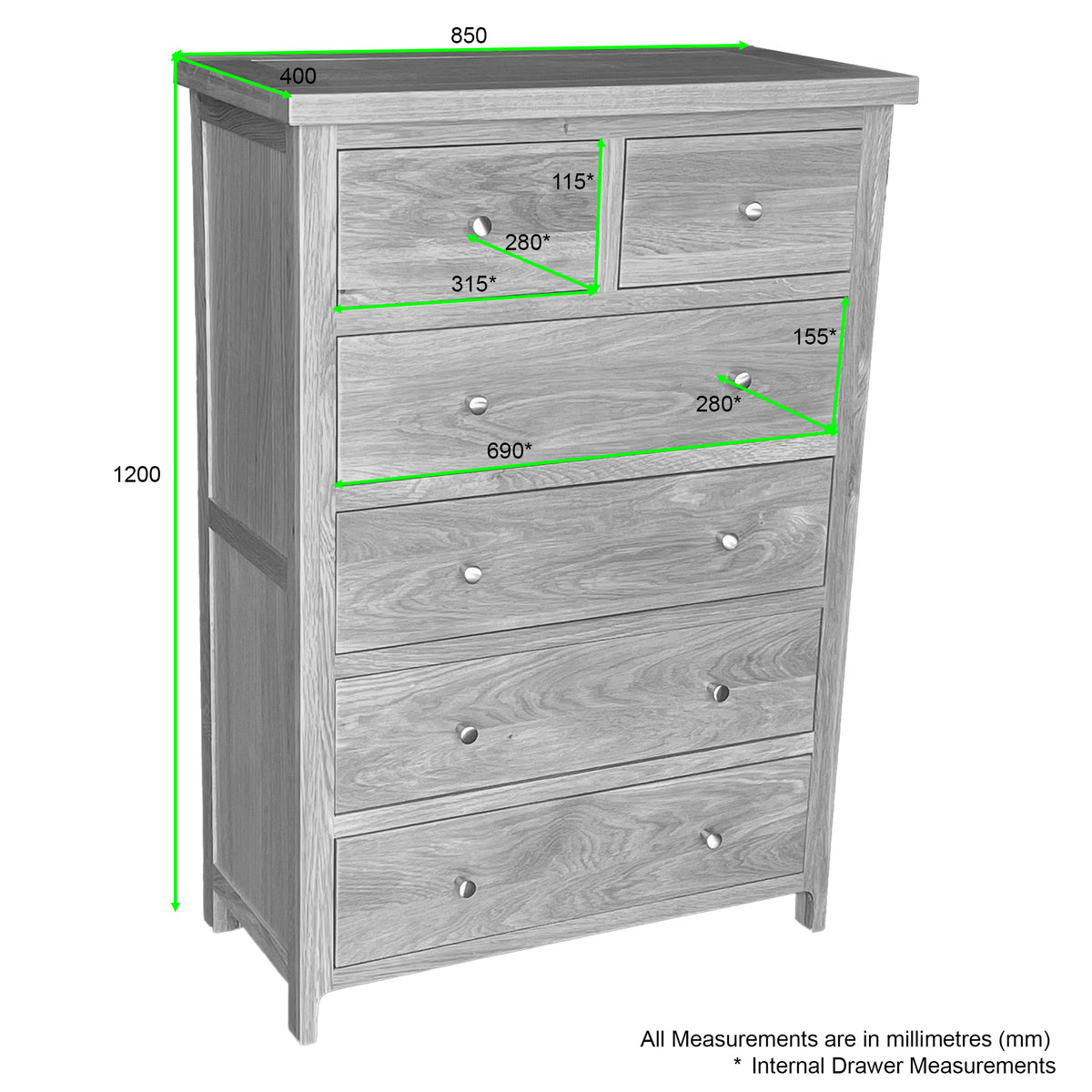 Oak chest of drawers with six drawers, visible dimensions in millimetres, angled front view
