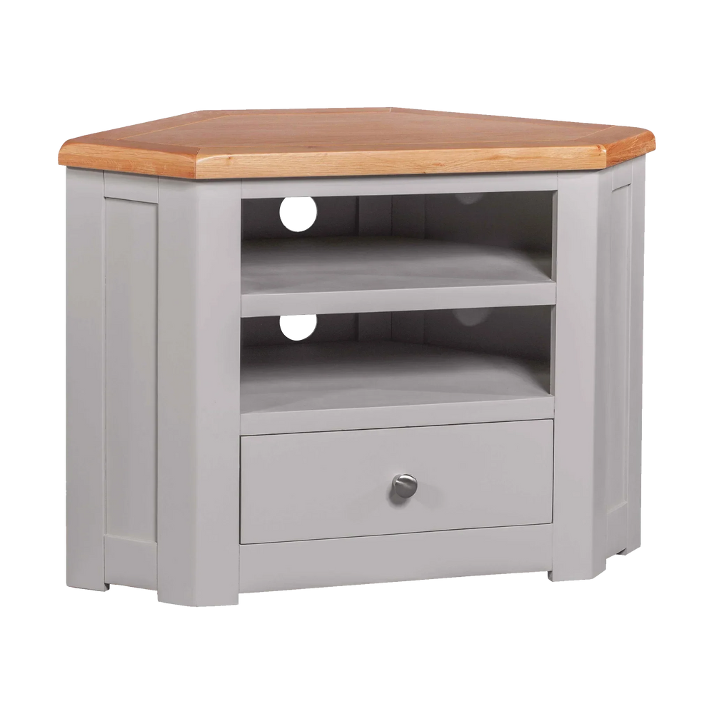 Grey corner TV unit with oak top, open shelves, cable holes and single drawer