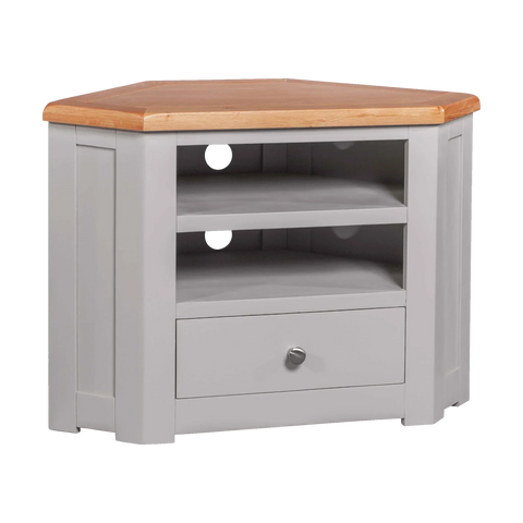 Grey corner TV unit with oak top, open shelves, cable holes and single drawer