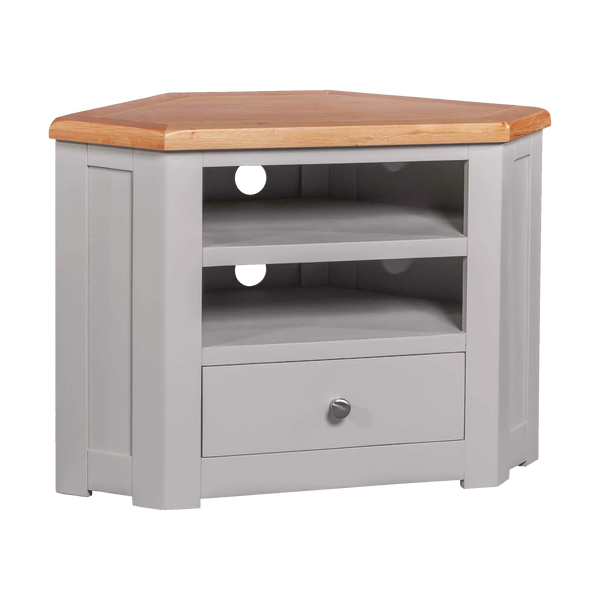 Grey corner TV unit with oak top, open shelves, cable holes and single drawer