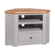 Grey corner TV unit with oak top, open shelves, cable holes and single drawer