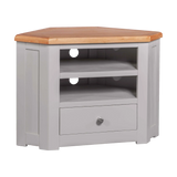 Grey corner TV unit with oak top, open shelves, cable holes and single drawer