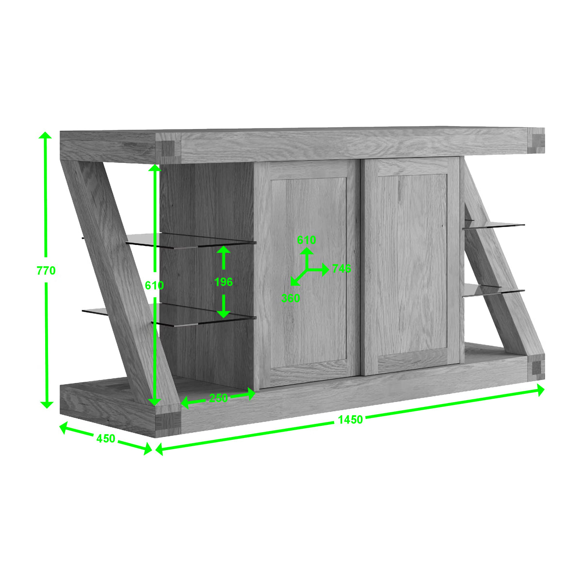Oak sideboard with sliding doors, glass shelves and dimensions shown in green