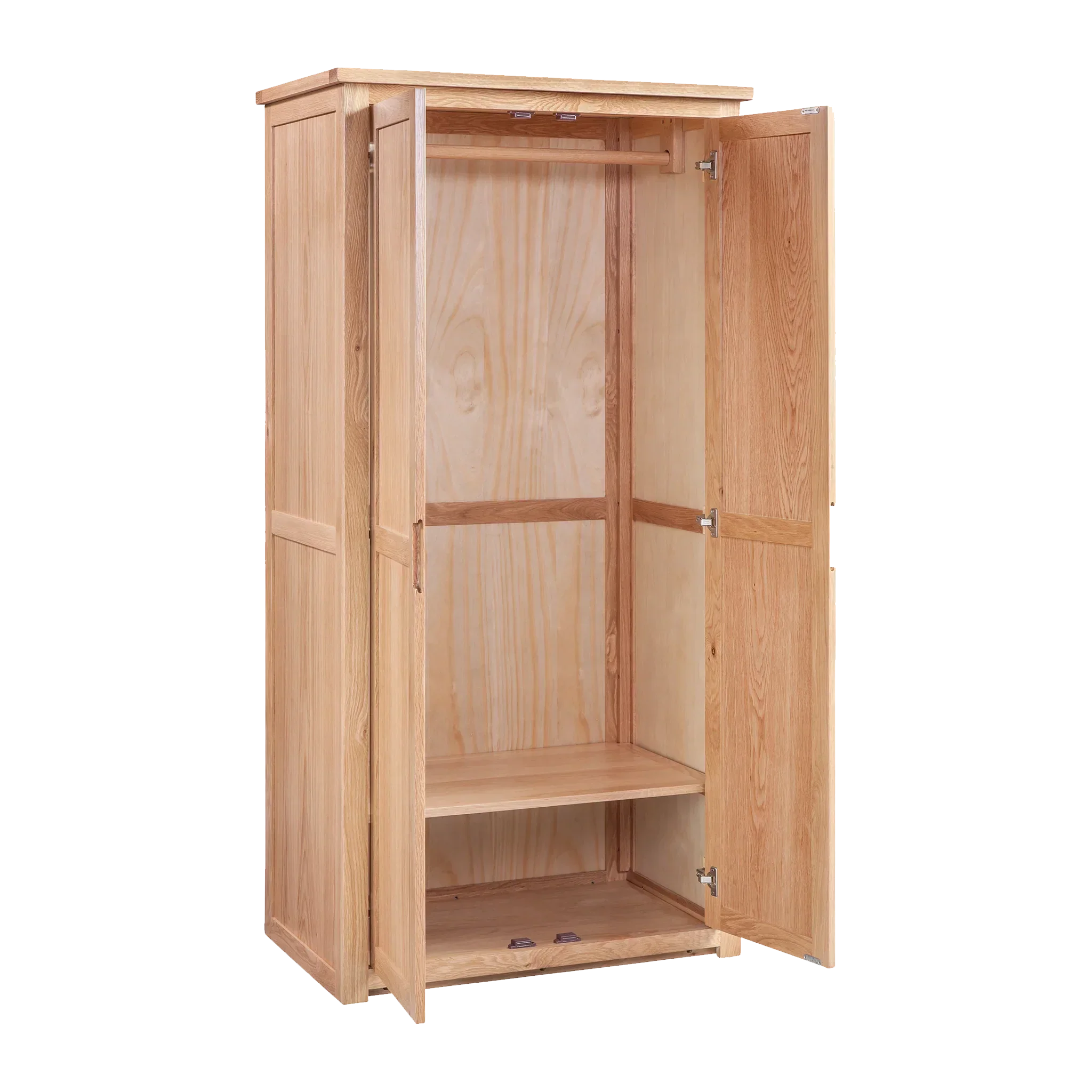 Oak wardrobe with open double doors, hanging rail and interior shelf