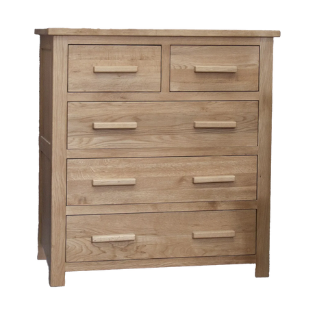 Oak chest of drawers with five spacious drawers and wooden handles, front view