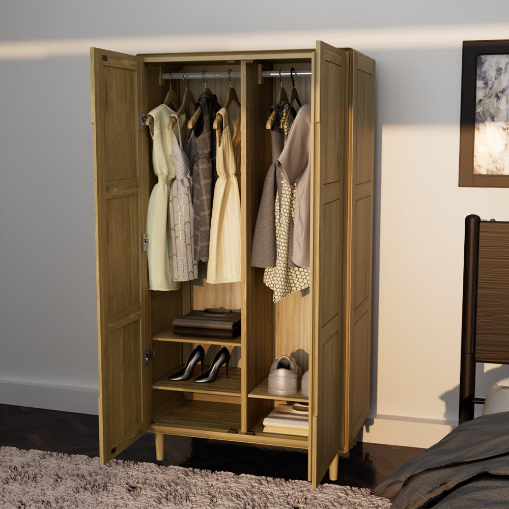 Oak wardrobe with two doors open showing hanging clothes, shelves, and shoes inside
