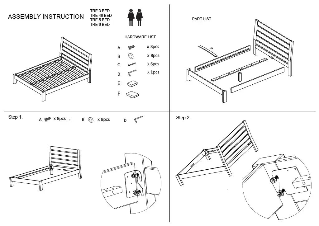Wooden slatted bed assembly instructions with part list and hardware details