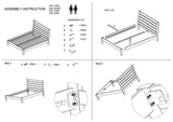 Slatted wooden bed frame assembly instructions with hardware and part list illustrations
