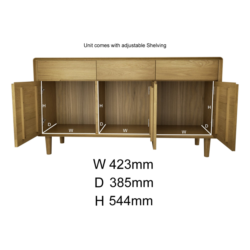 Oak sideboard cabinet with open doors, adjustable shelving and internal measurements shown