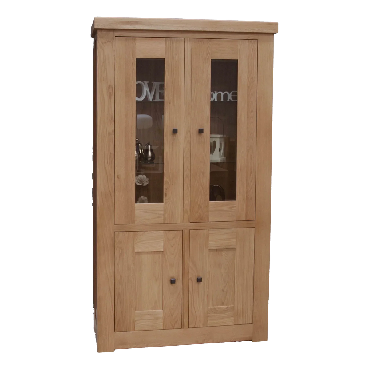 Oak display cabinet with glass doors and lower storage cupboards