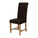 Brown fabric dining chair with high back and oak wooden legs, angled side view