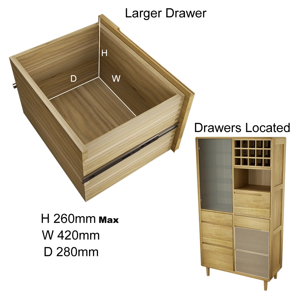 Oak sideboard cabinet with closeup of large storage drawer and internal dimensions shown