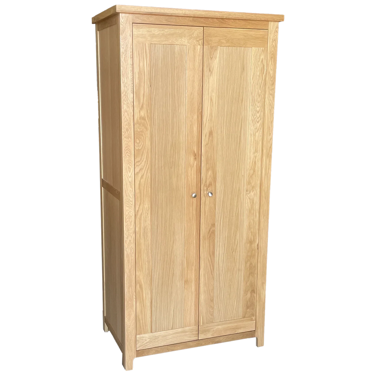 Natural oak wardrobe with double doors and silver handles, straight front view