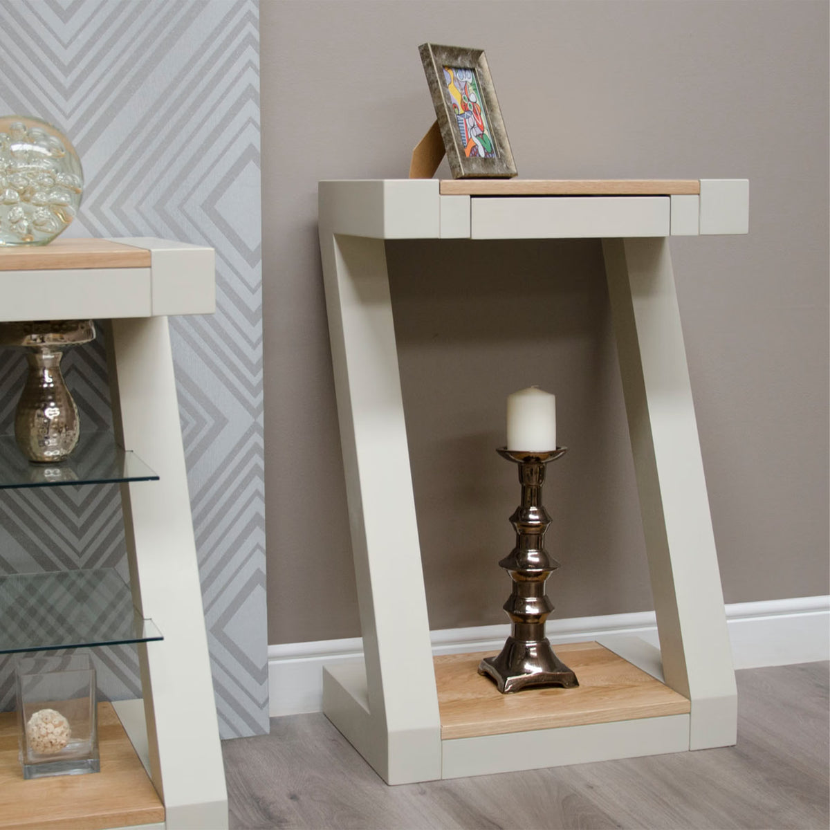 Modern cream and oak console table with single drawer and shelf in hallway setting
