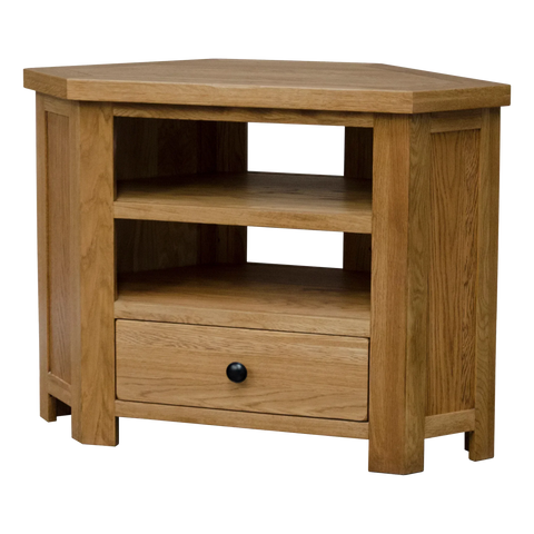 Oak corner TV unit with drawer and open shelves, suitable for living room storage