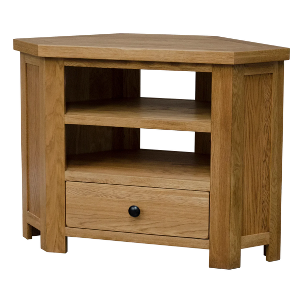 Oak corner TV unit with drawer and open shelves, suitable for living room storage