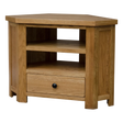 Oak corner TV unit with drawer and open shelves, suitable for living room storage