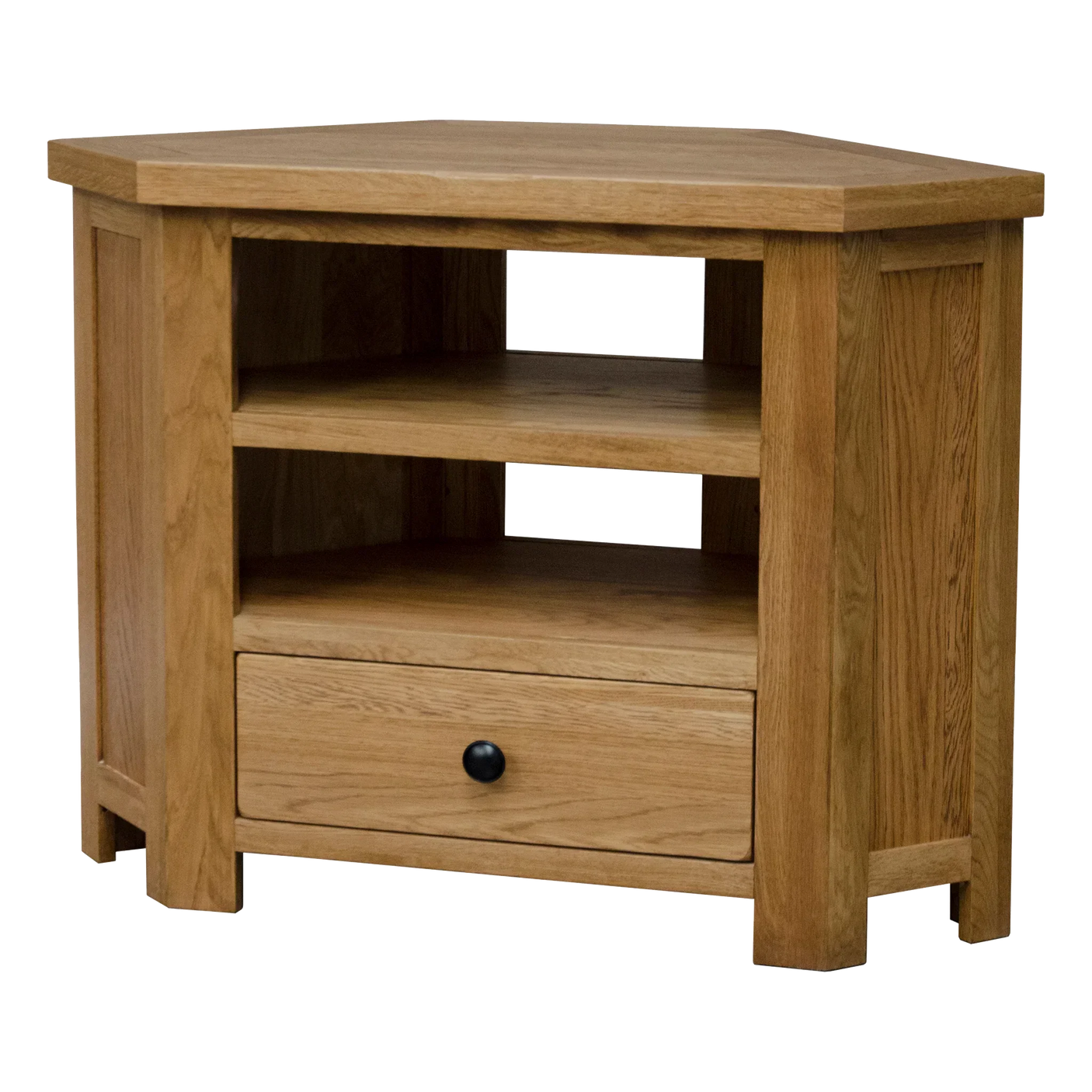 Oak corner TV unit with drawer and open shelves, suitable for living room storage