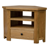 Oak corner TV unit with drawer and open shelves, suitable for living room storage