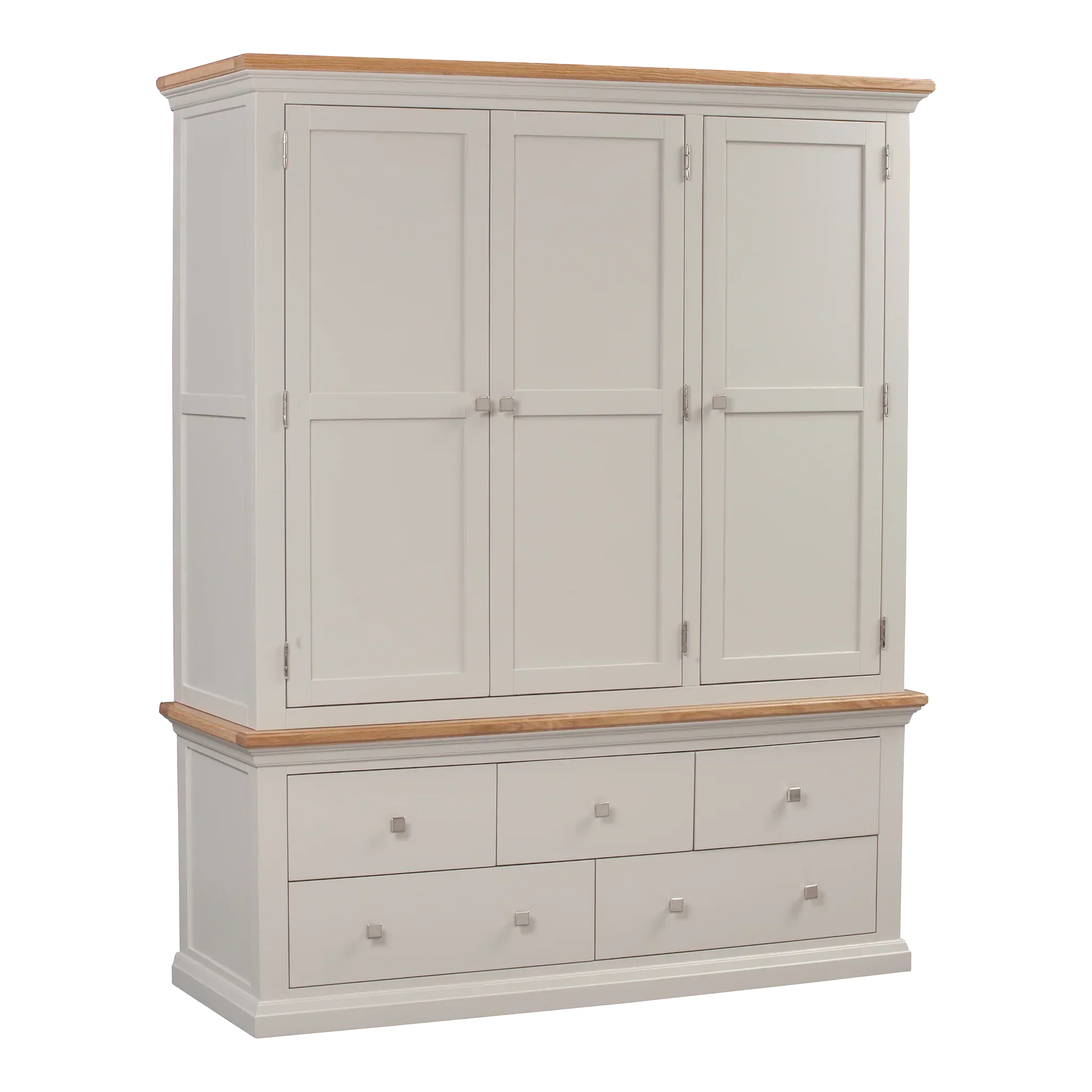 Large cream wooden cabinet with three doors, six drawers, and oak top accents