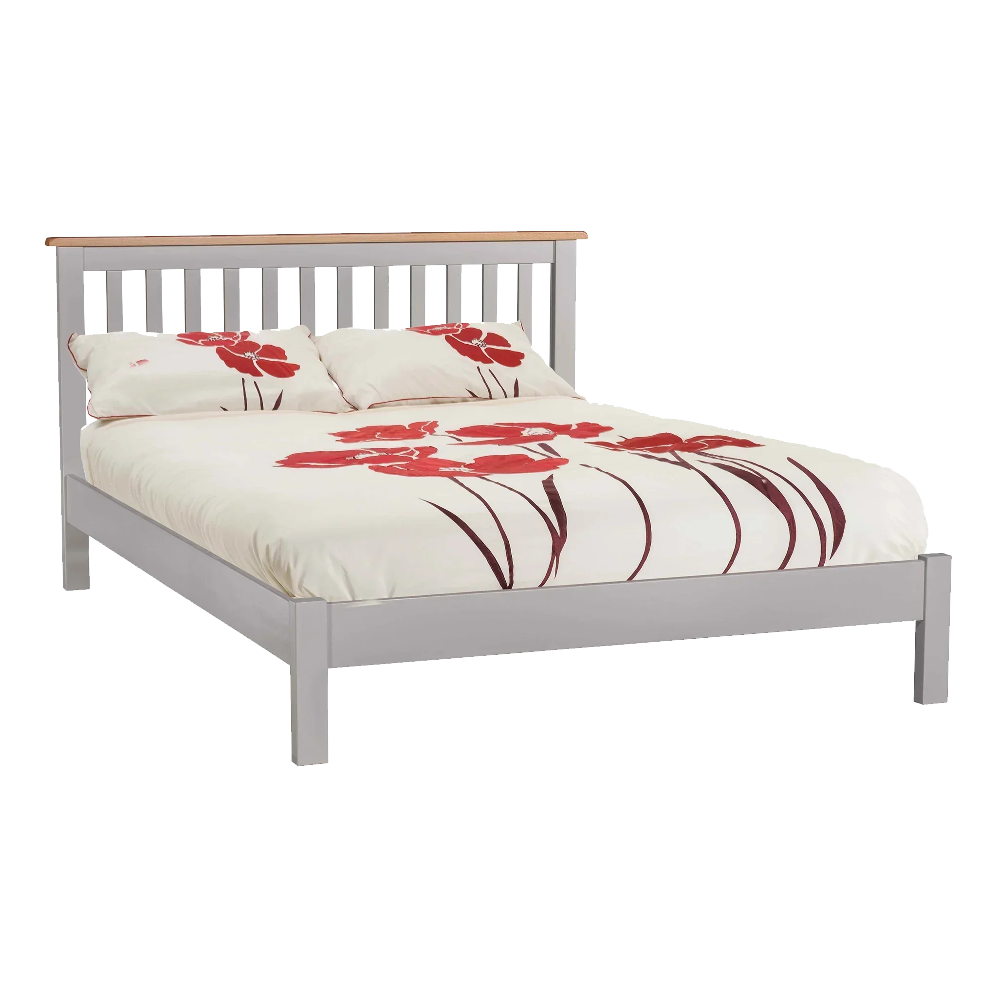 Grey wooden bed frame with slatted headboard and floral bedding in red and white