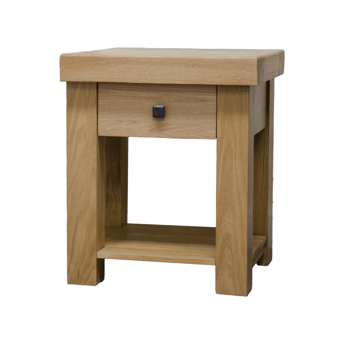 Oak bedside table with single drawer and open shelf