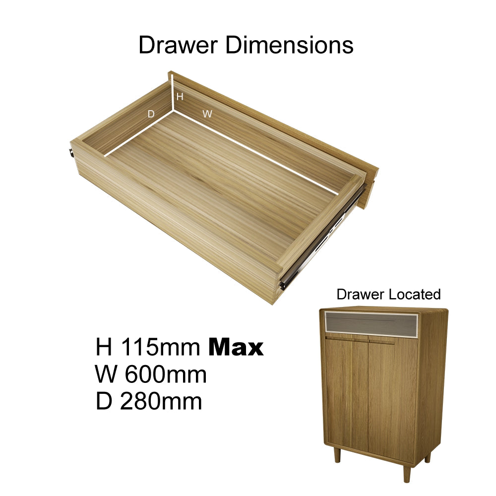 Wooden cabinet drawer with max dimensions labeled, shown with matching cabinet preview