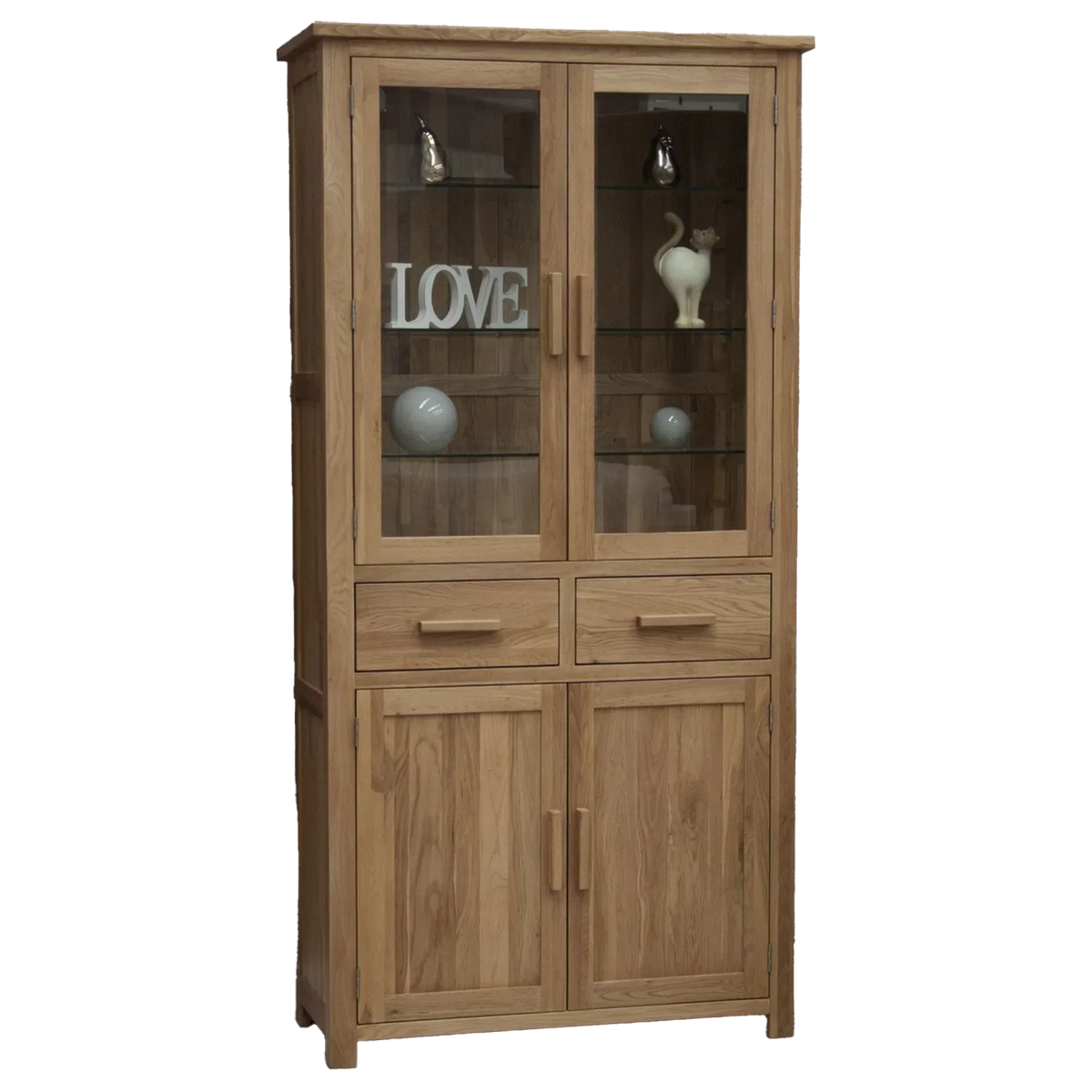 Oak display cabinet with glass doors, two drawers, and lower storage cupboards