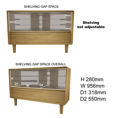 Oak wood TV unit with glass shelves and drawer, showing shelving gap and overall dimensions