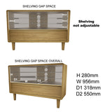Oak wood TV unit with glass shelves and drawer, showing shelving gap and overall dimensions