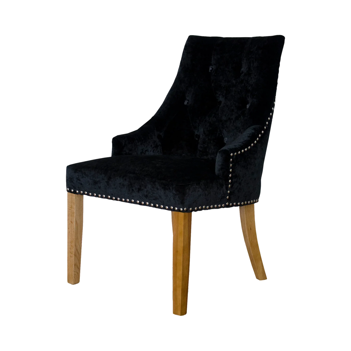 Black velvet dining chair with button back, silver stud trim and oak legs