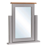 Grey wooden dressing table mirror with oak finish top and rectangular frame
