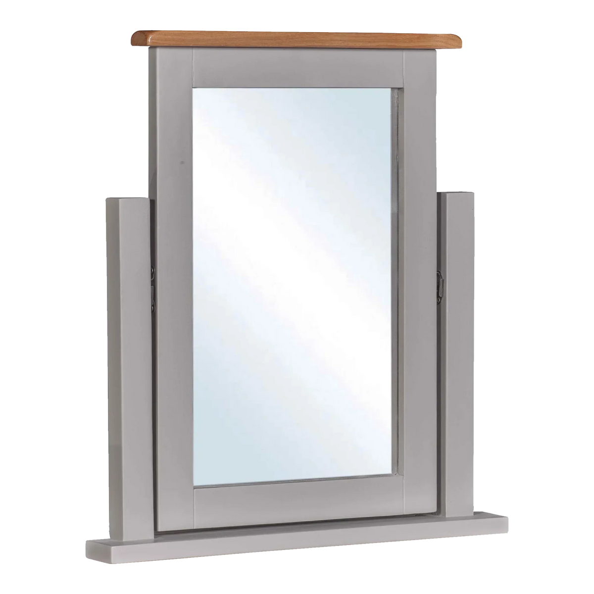 Grey wooden dressing table mirror with oak finish top and rectangular frame