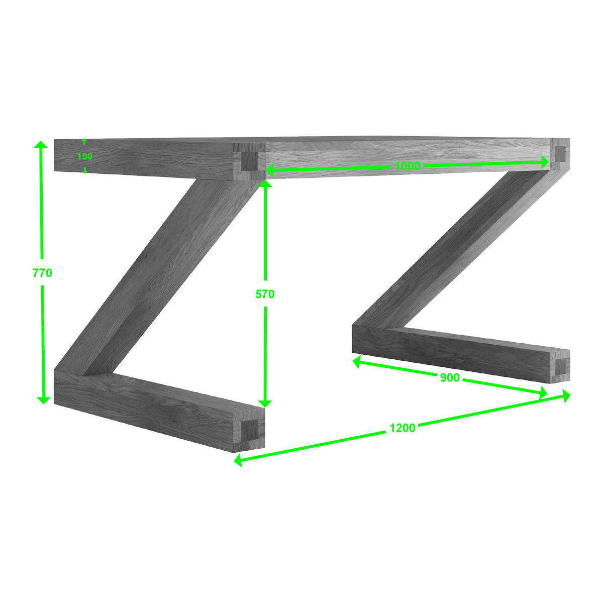 Z-shaped wooden table base with green measurement lines highlighting size dimensions
