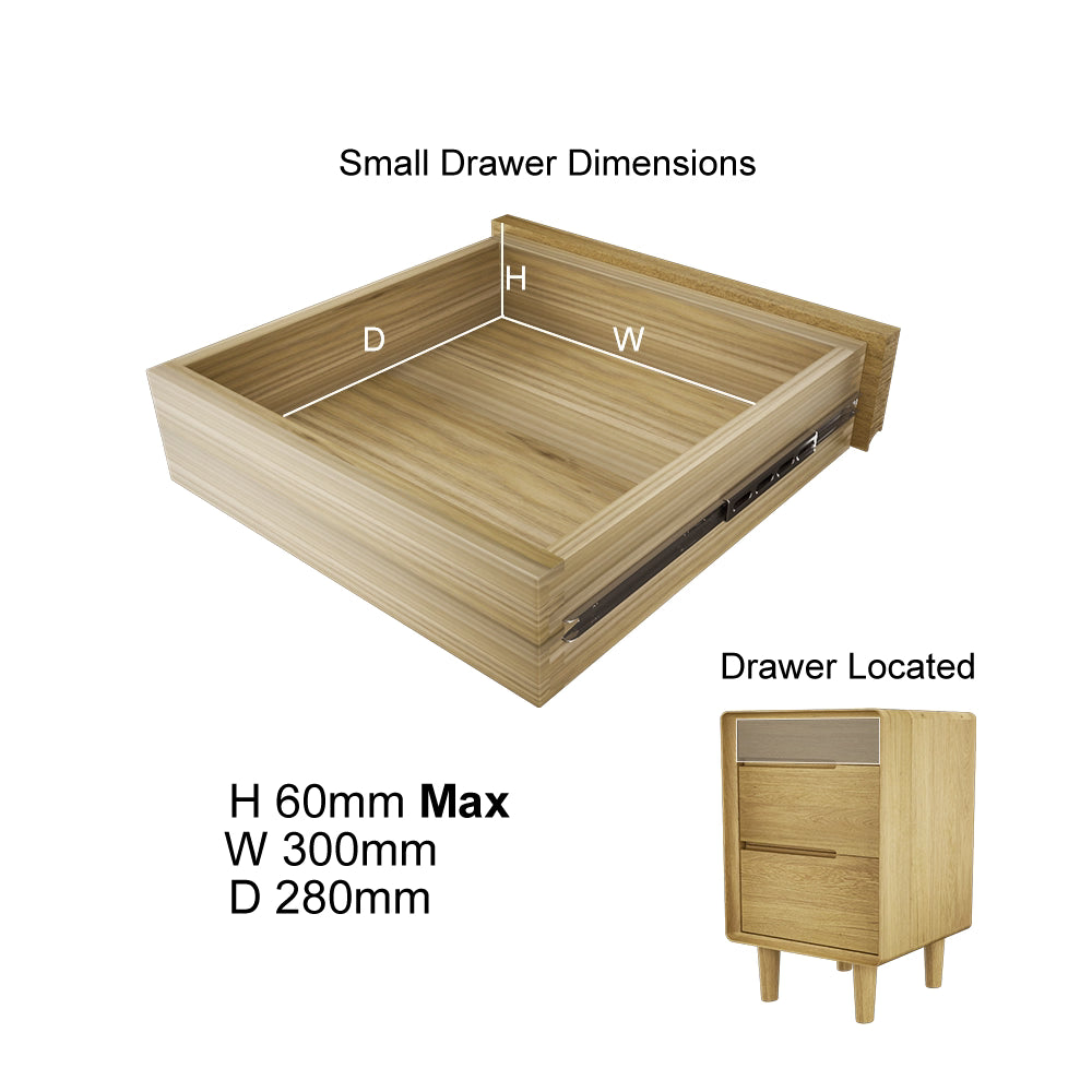 Wooden bedside table small drawer dimensions with height 60mm, width 300mm, depth 280mm