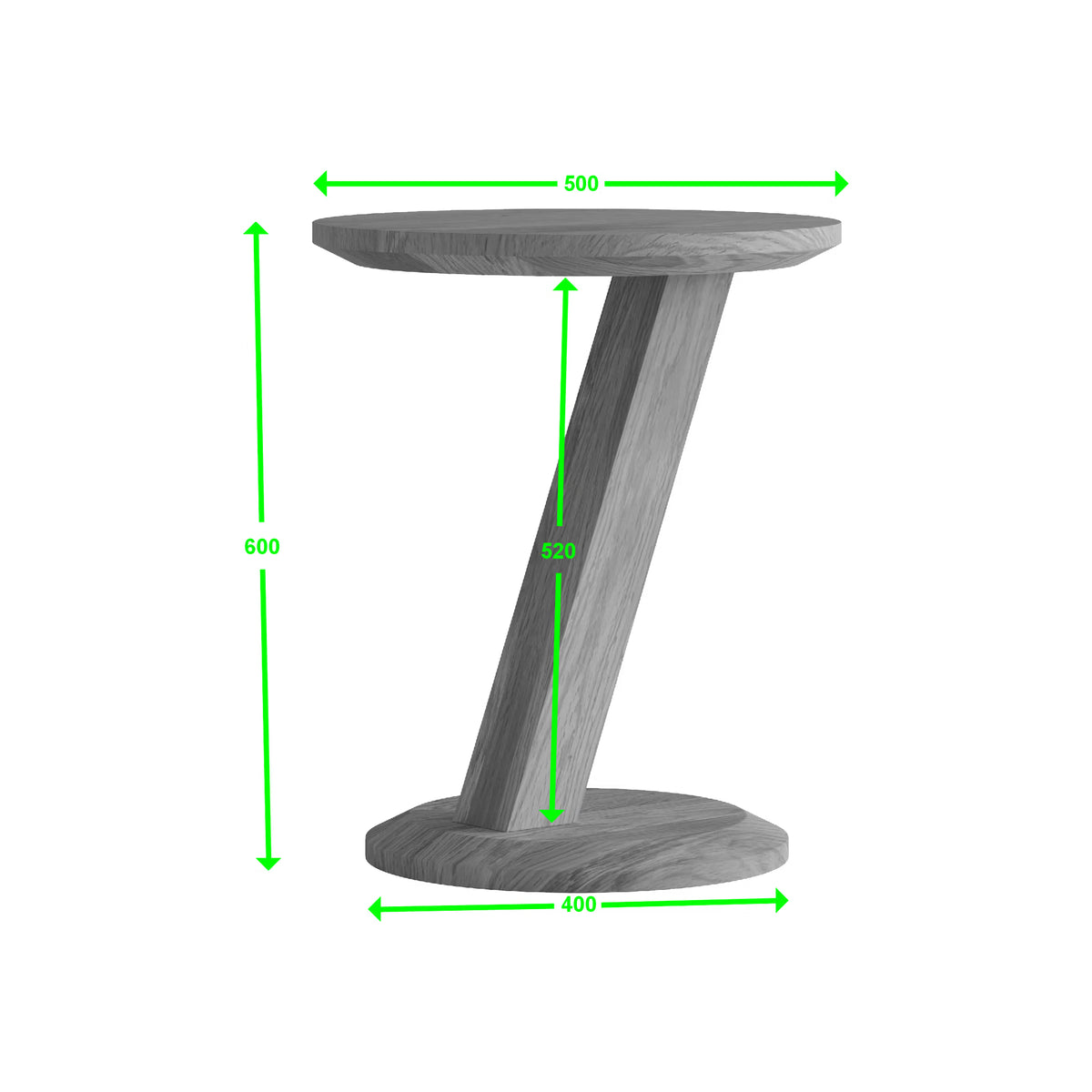 Round wooden side table with angled Z-shaped support and visible dimensions