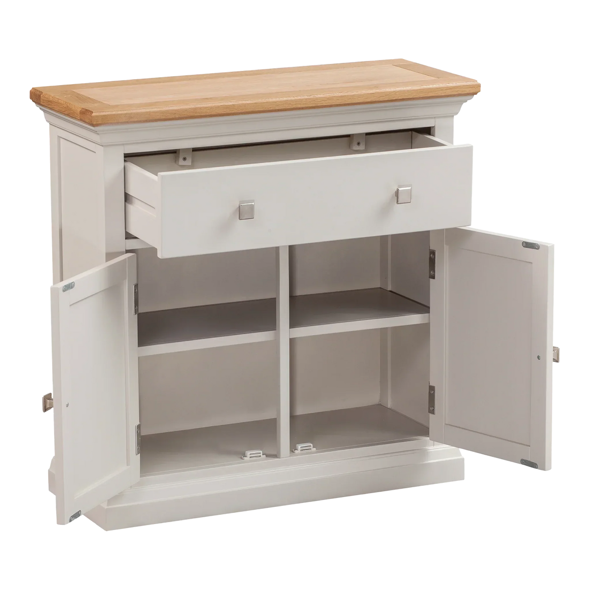 White wooden sideboard with oak top, open drawer and double cupboard with shelves