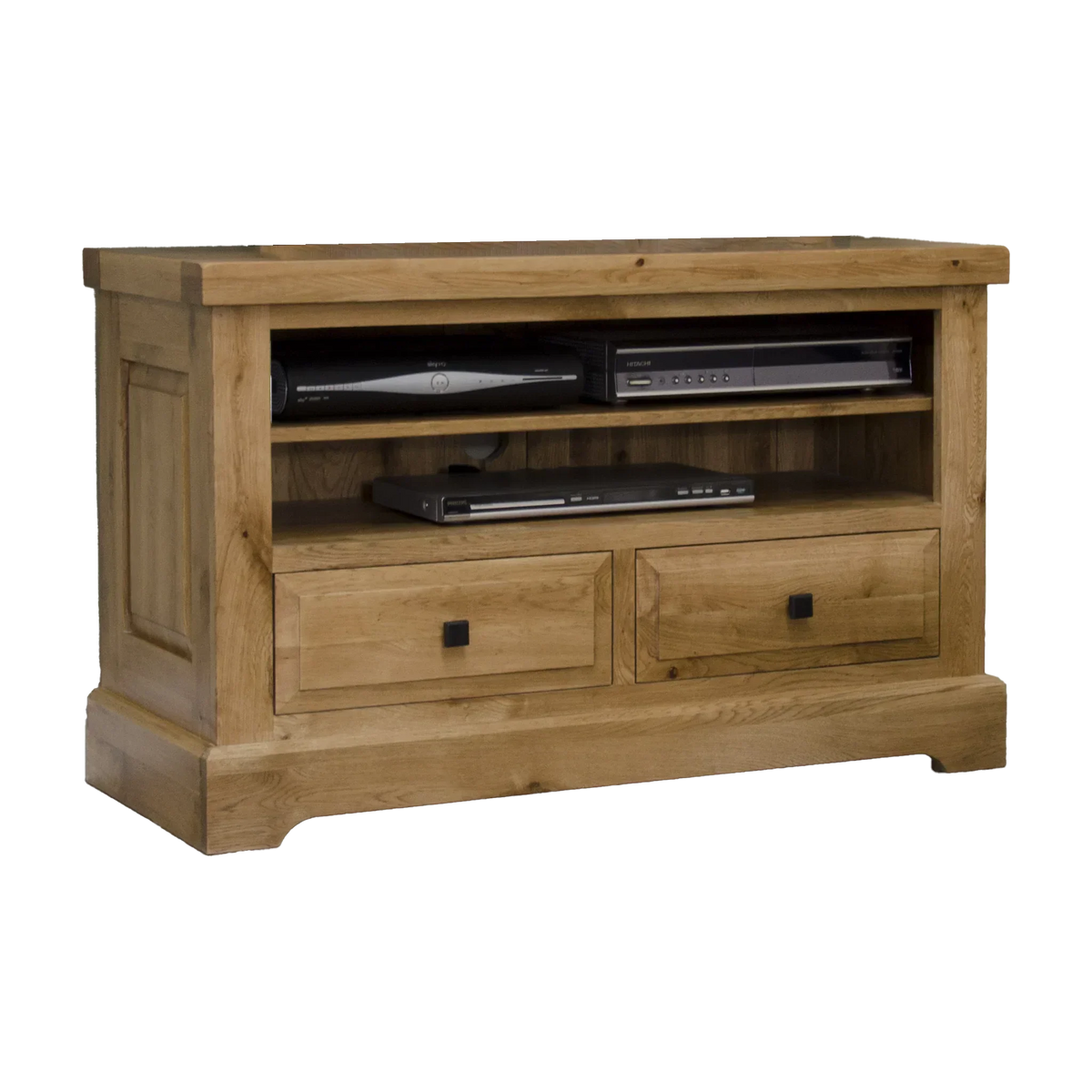 Oak TV unit with open shelves and two drawers, wood finish, front angle view