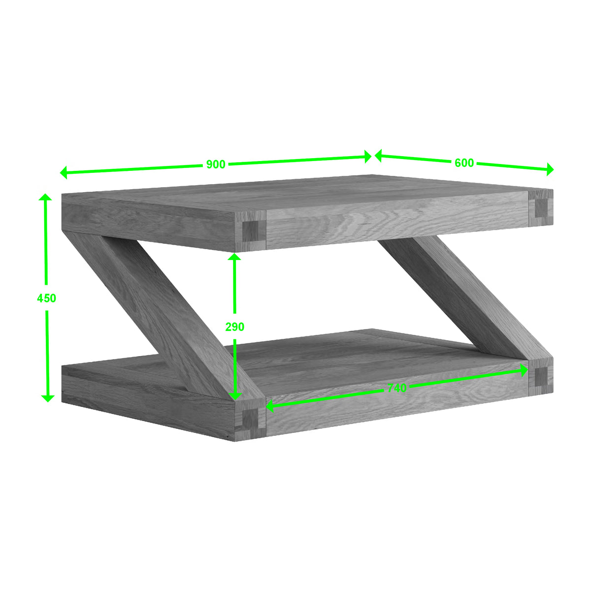 Modern wooden coffee table with angled legs, shelving and green dimension lines