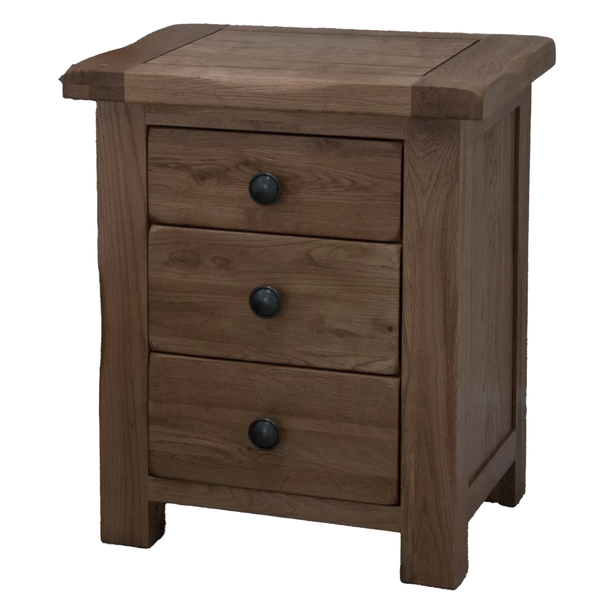 Oak bedside table with three drawers and black knobs, wood furniture for bedroom storage