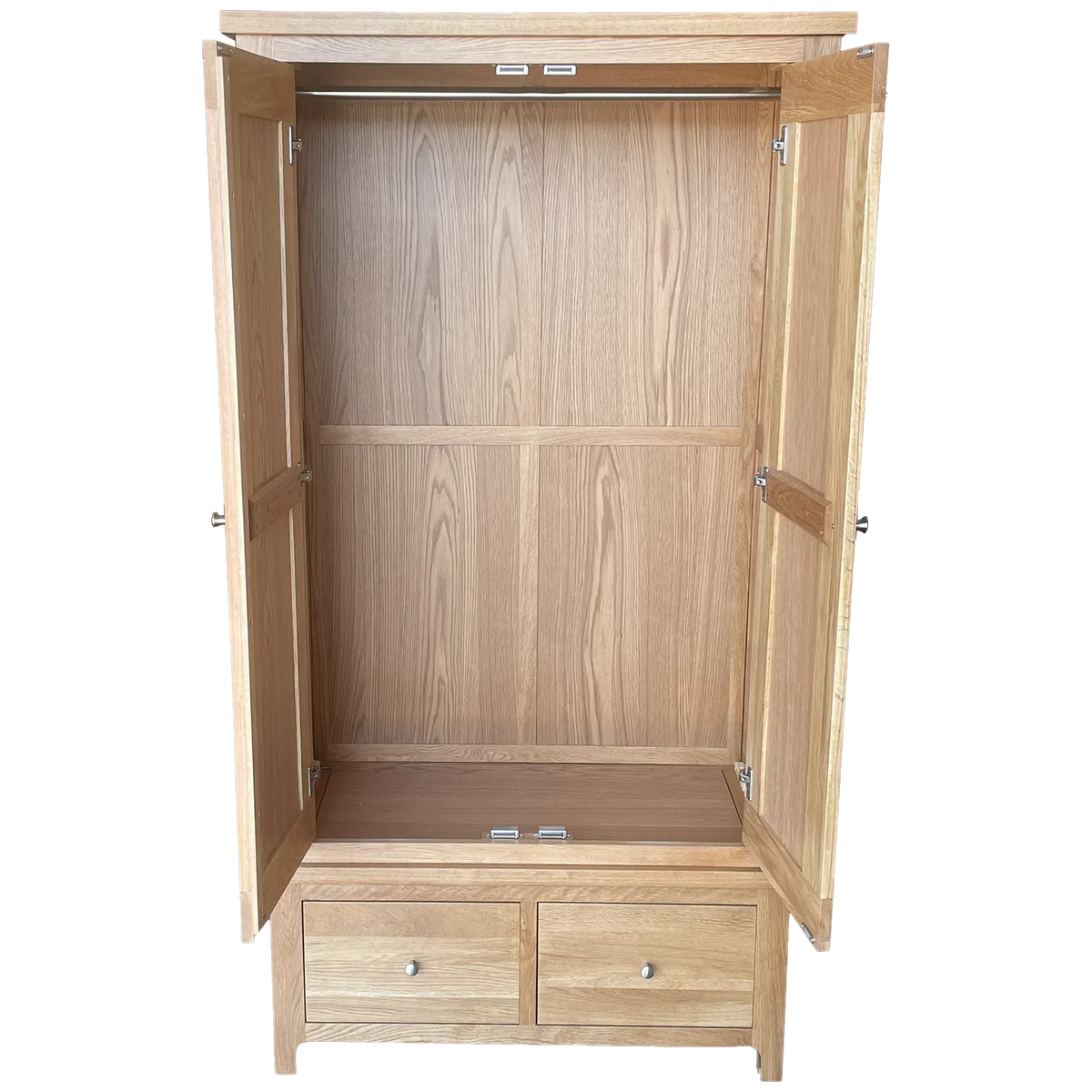 Oak wardrobe with open doors and two lower storage drawers, interior shelving visible