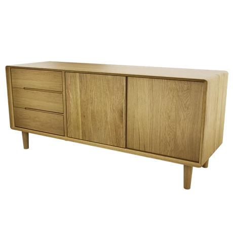 Oak sideboard with three drawers and two cupboard doors on wooden legs