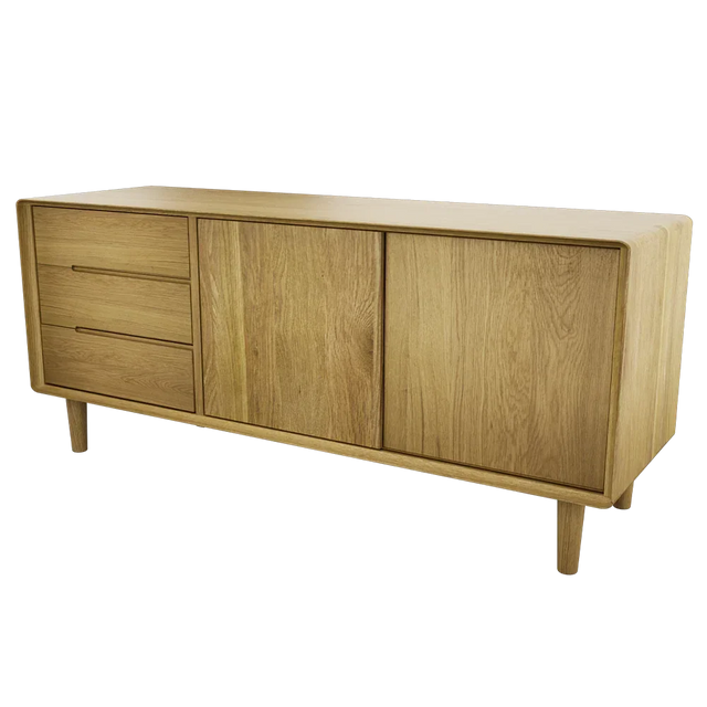 Oak sideboard with three drawers and two cupboard doors on wooden legs