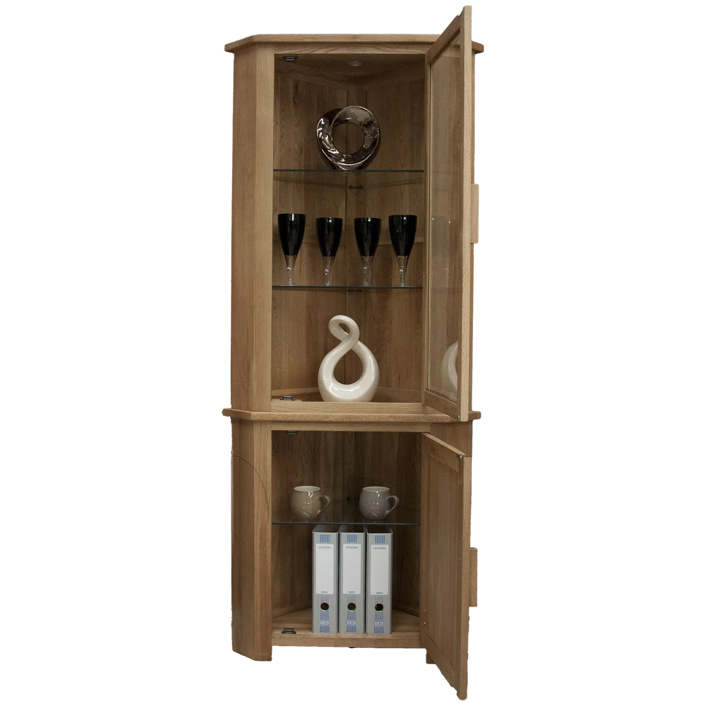 Oak corner display cabinet with glass doors, shelves, cups, wine glasses, and folders
